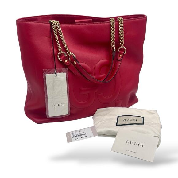 Logo Chain Shoulder Bag Apollo GG Handbag Tote Bag Red Leather New - Picture 2 of 10